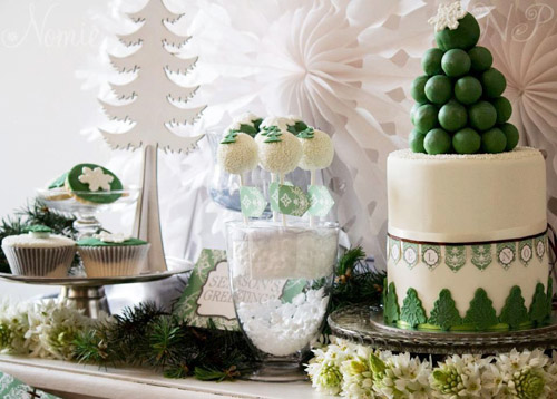 green and white Christmas dessert table side
