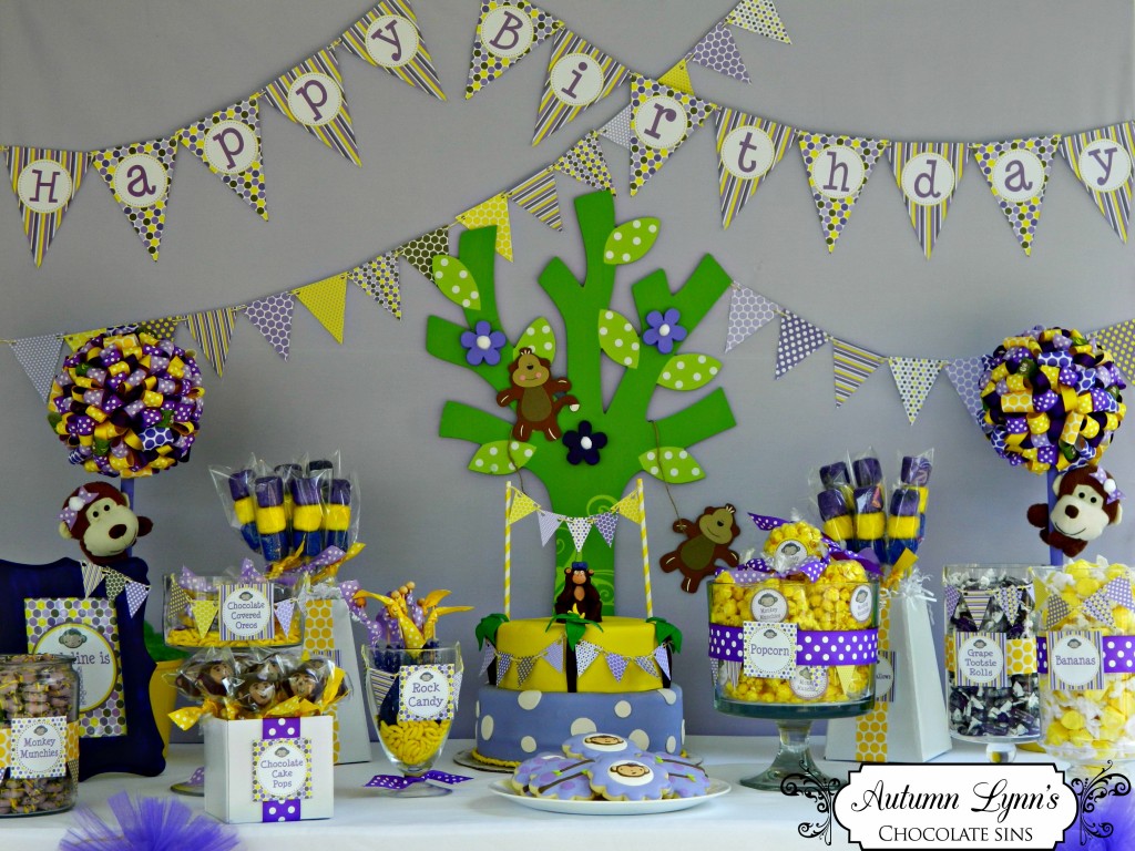 purple and yellow monkey party table